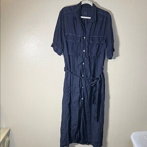 120% lino Classic Navy Midi Shirt Dress size S